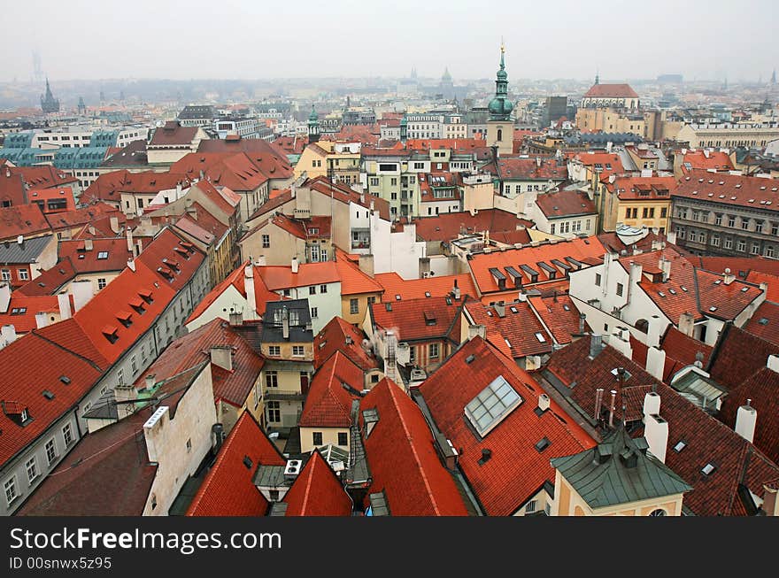 Aerial view of Old Town Square neighborhood in Prague from the top of the town hall