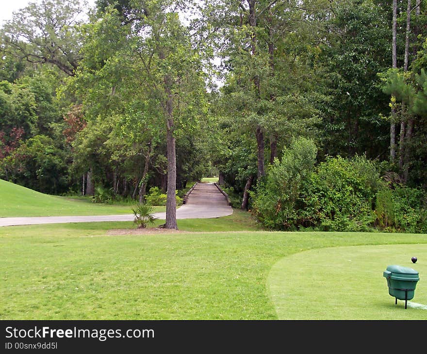 A small wooden bridge leading to the next hole. A small wooden bridge leading to the next hole.