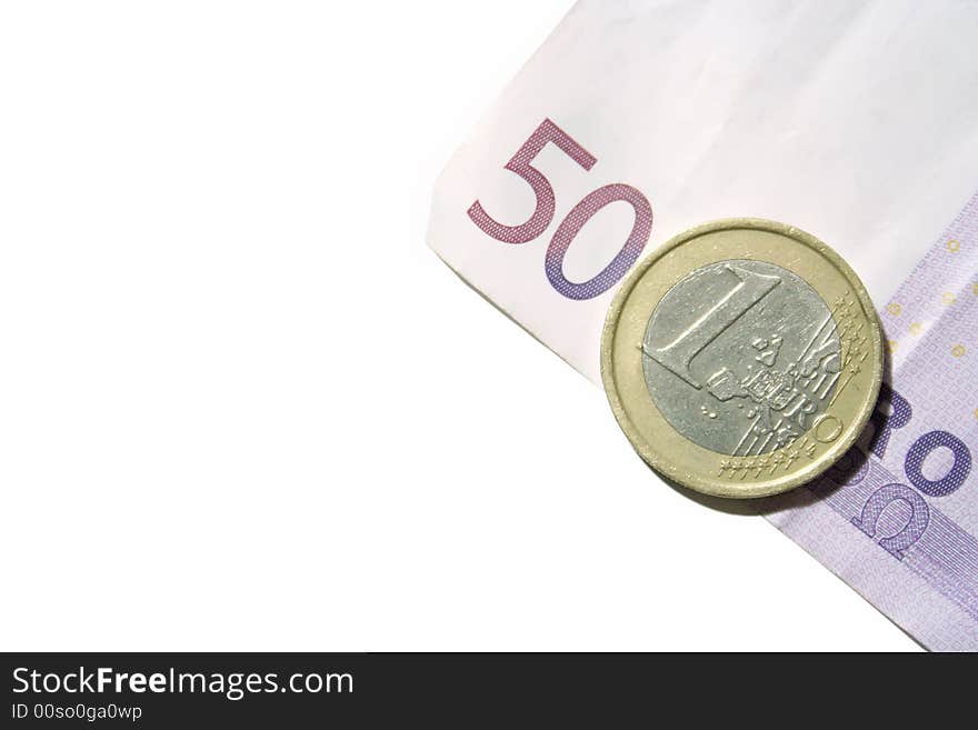 Five hundred euro bill with one euro coin isolated on the white background represent five hundred one euros