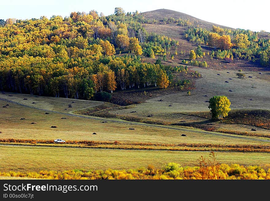 This is the beuatiful grassland in autumn which there are few pepole to come, this is the best place to photography