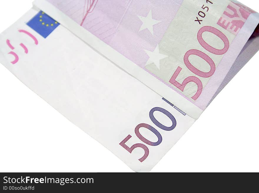 Isolated five hundred euro bill close-up isolated on white background. Isolated five hundred euro bill close-up isolated on white background