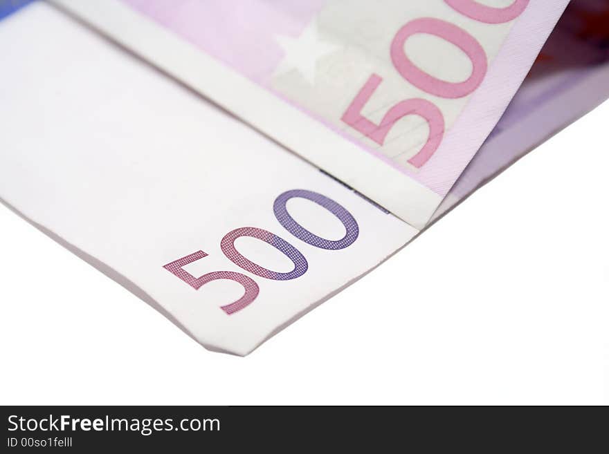 Isolated five hundred euro bill close-up isolated on white background. Isolated five hundred euro bill close-up isolated on white background