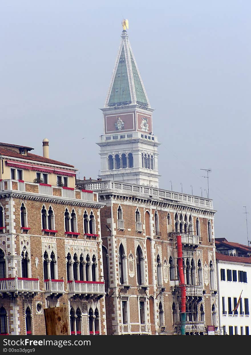 Venice postcard: view from Santa Basilica della Salute across Canal grande to San Marco Campanile . Venice postcard: view from Santa Basilica della Salute across Canal grande to San Marco Campanile