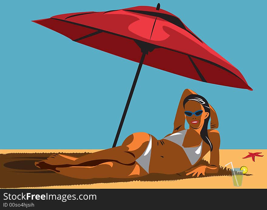 Illustration of a girl on the beach, smiling under the sunshade