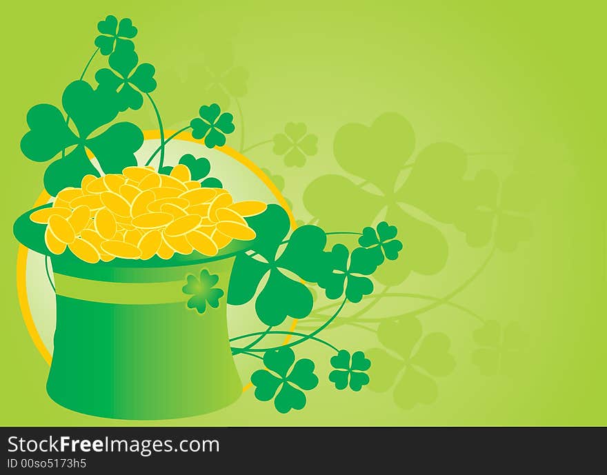 Saint Patrick's day hat with golden coins and clover background