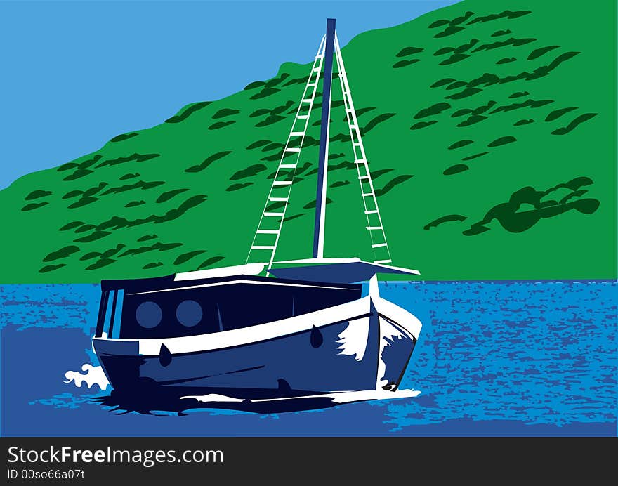 Illustration of a tourist boat near coast