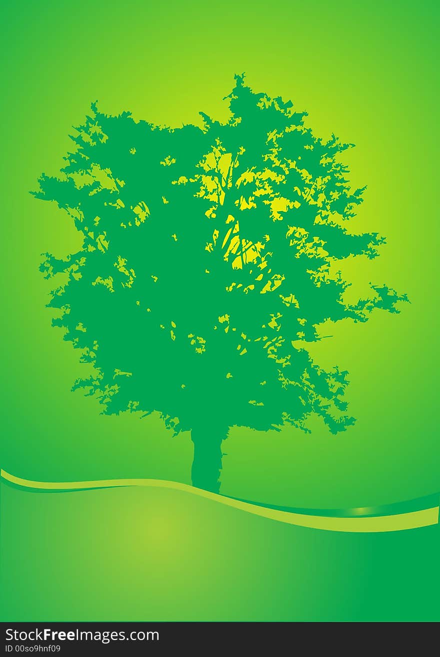 Green sunrise with big tree shape abstract spring background