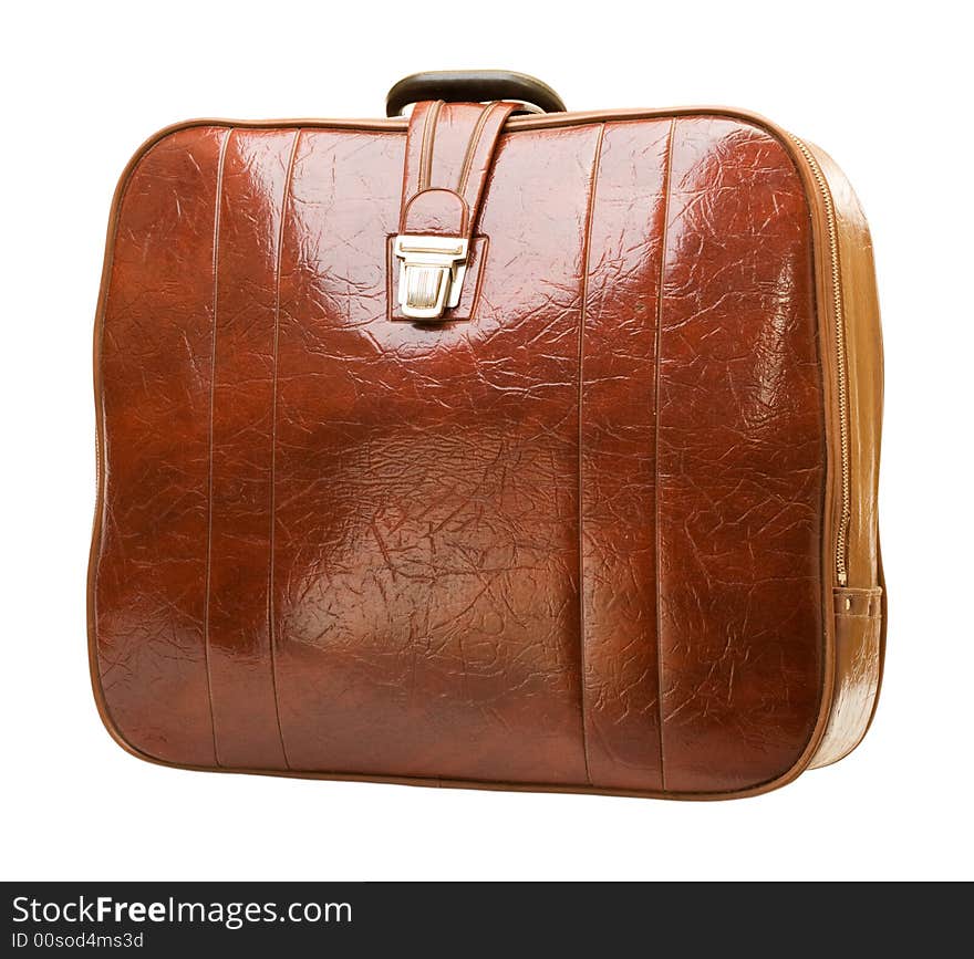 Brown leather suitcase. Isolated, close-up.