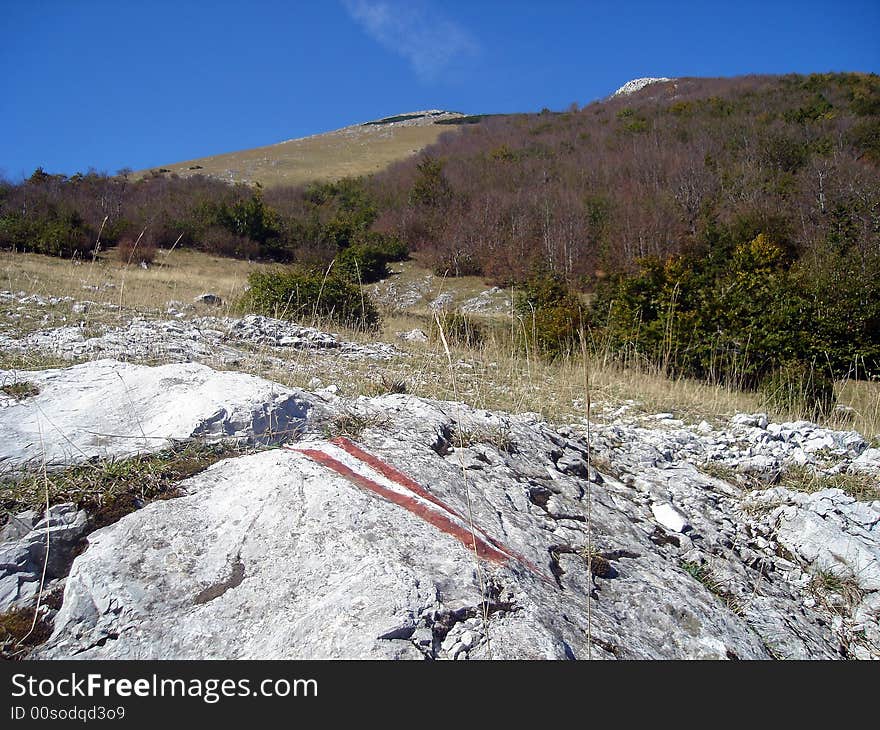 Detail of marked hikers path on Bjelasnica mountain, Bosnia