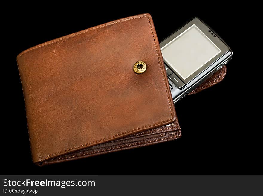 Leather purse with cellular phone