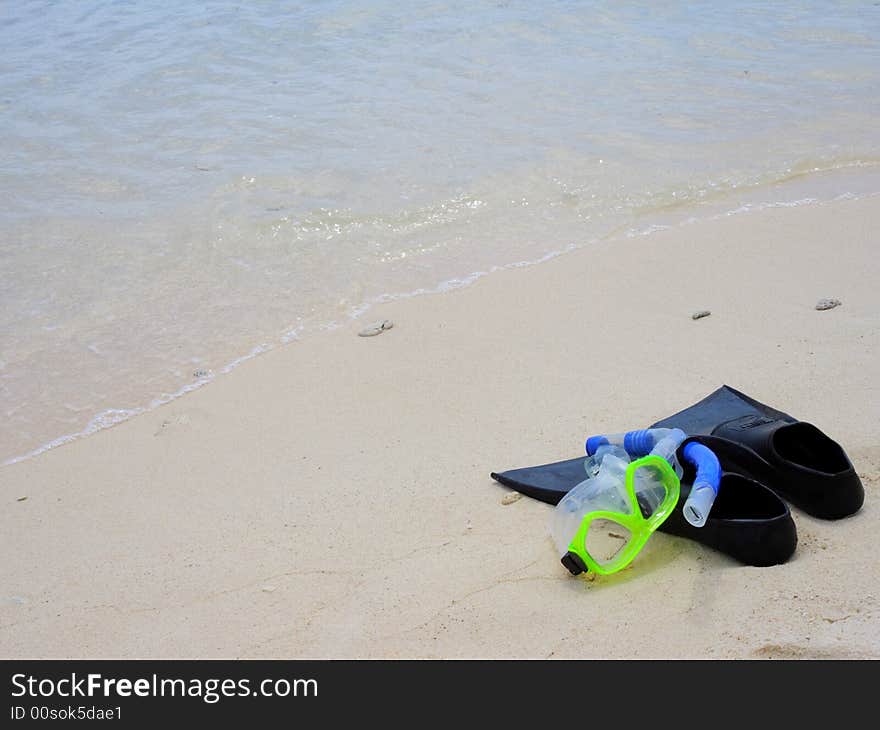 Snorkeling equipment on the sandy beach