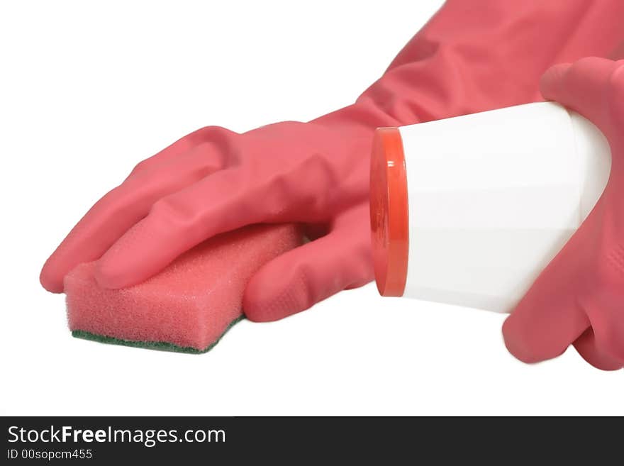 Pink gloves and a pink sponge on white background. Pink gloves and a pink sponge on white background.