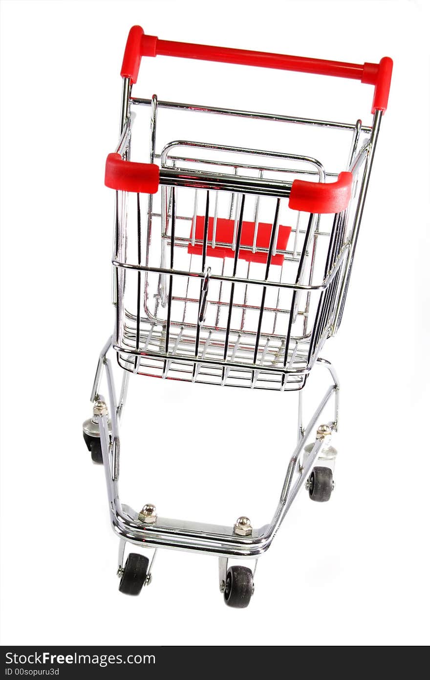 Red and silver shopping trolley on white background