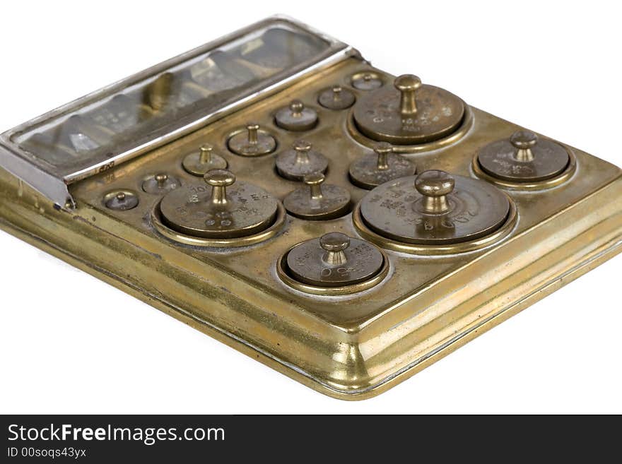 Box with an assortment of different weights brass. Box with an assortment of different weights brass