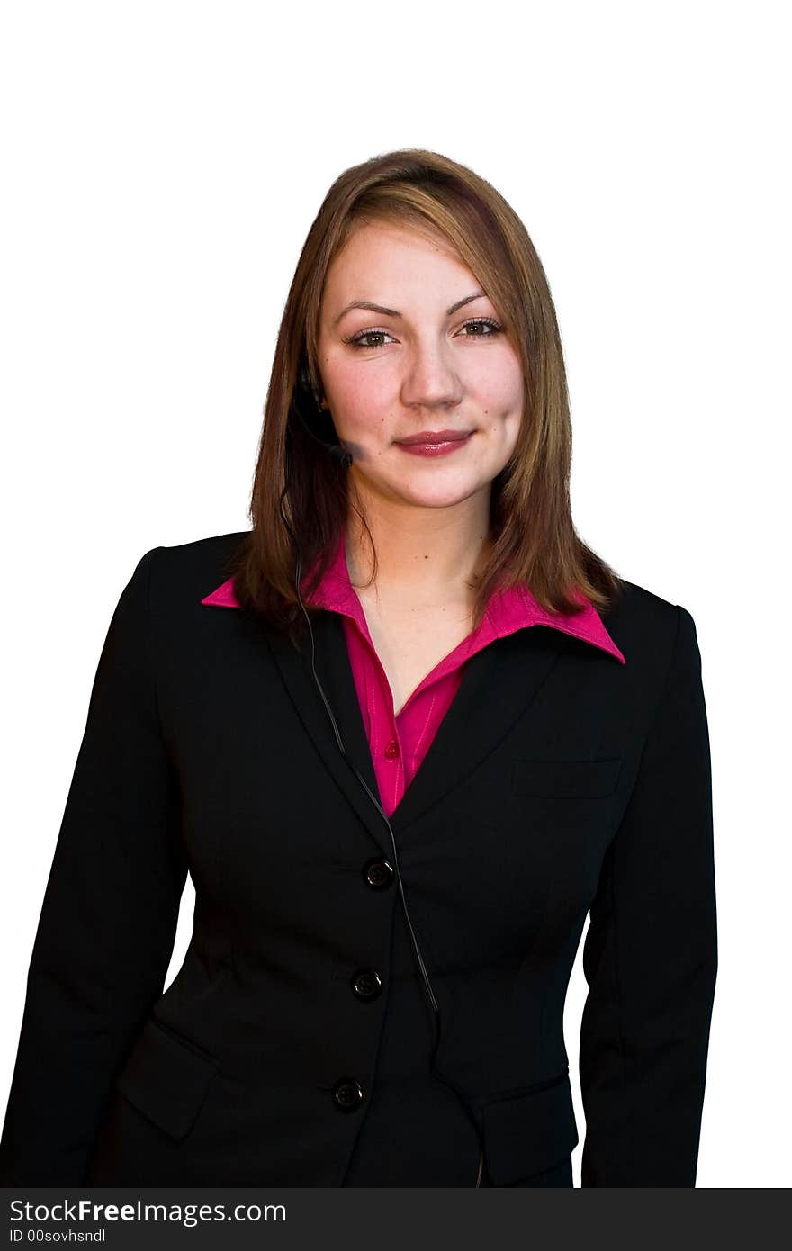 Business woman in a suit with a headset. Business woman in a suit with a headset