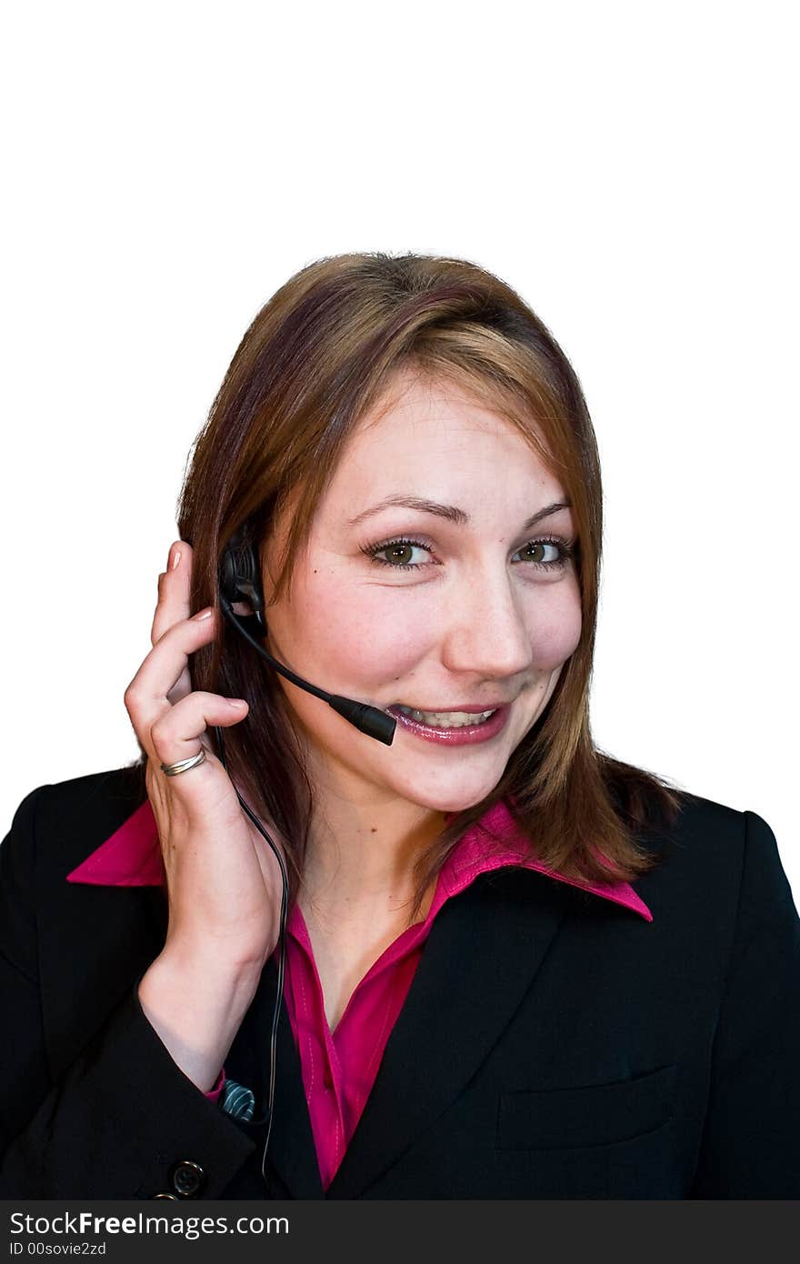 Business woman in a suit with a headset. Business woman in a suit with a headset