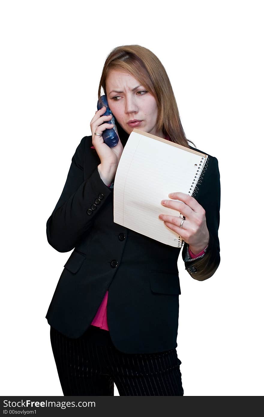 Business woman in a suit with a phone and notepad. Business woman in a suit with a phone and notepad