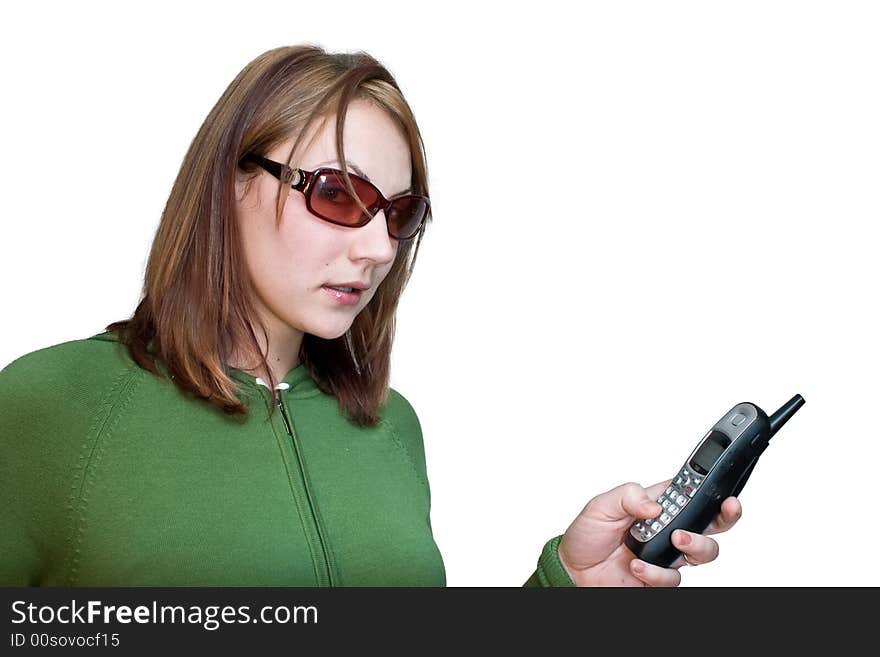 Hip lady with glasses and a cordless phone. Hip lady with glasses and a cordless phone