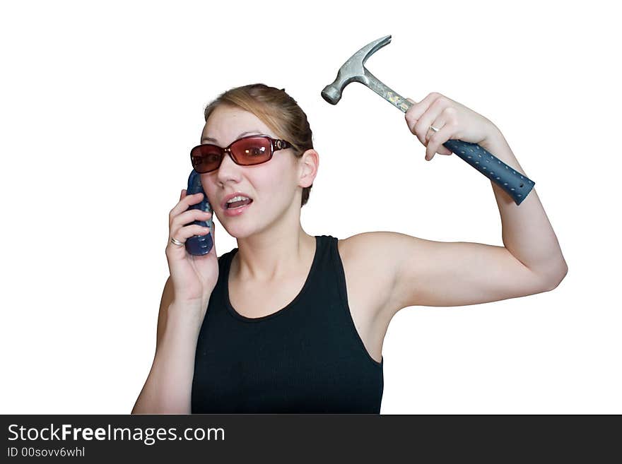 Woman holding a hammer not knowing what to do. Woman holding a hammer not knowing what to do