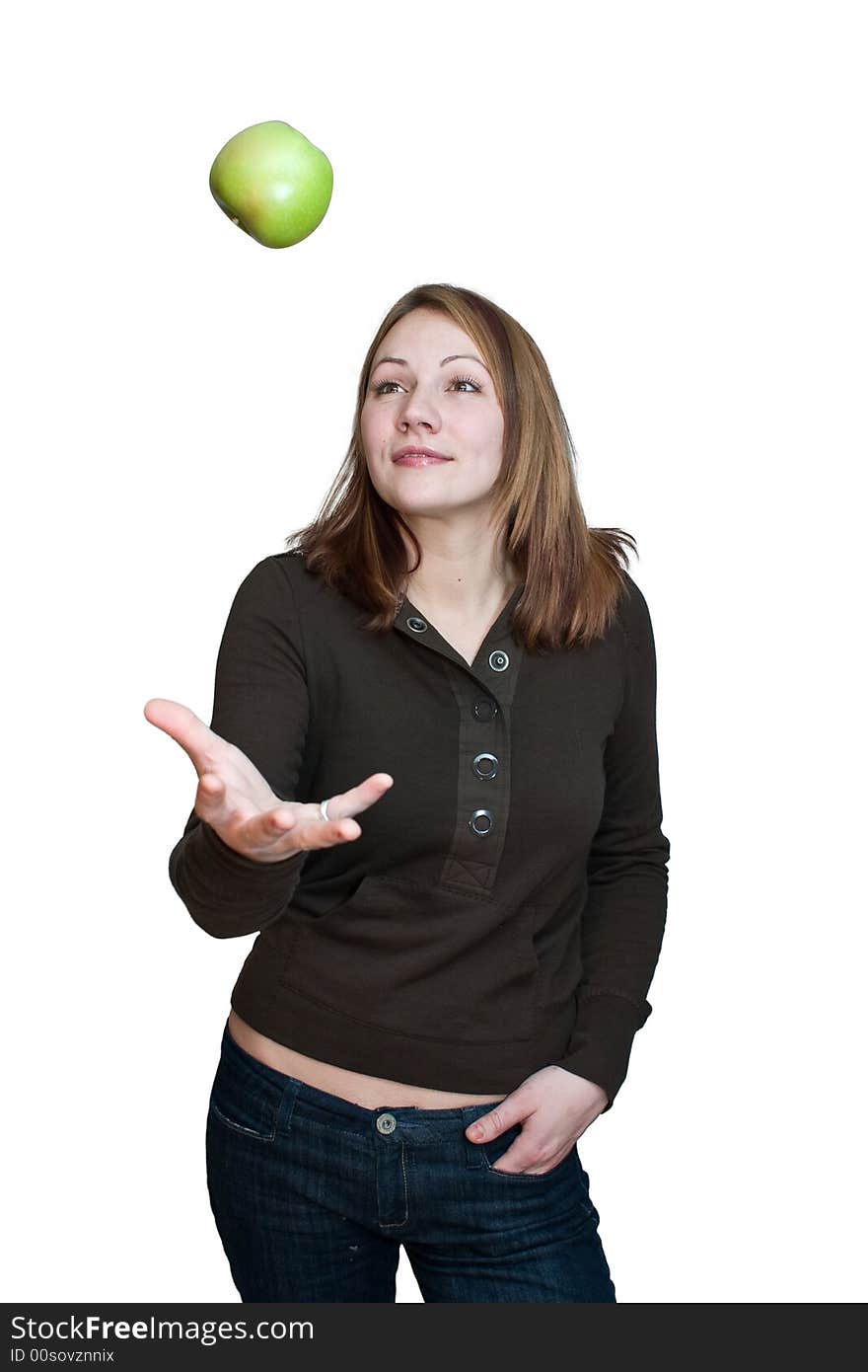 Woman about to enjoy a bright green apple. Woman about to enjoy a bright green apple