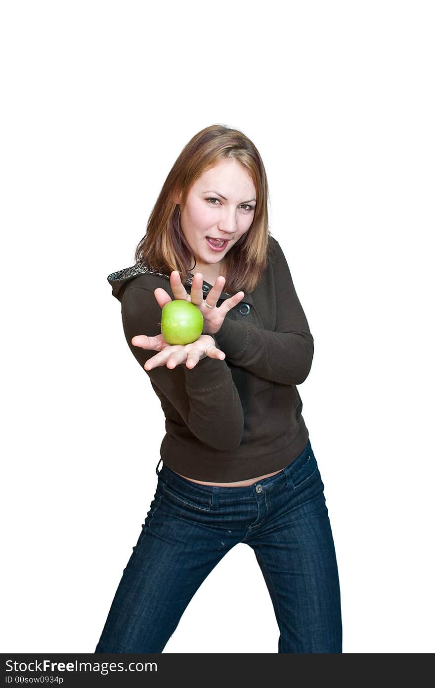 Woman about to enjoy a bright green apple. Woman about to enjoy a bright green apple