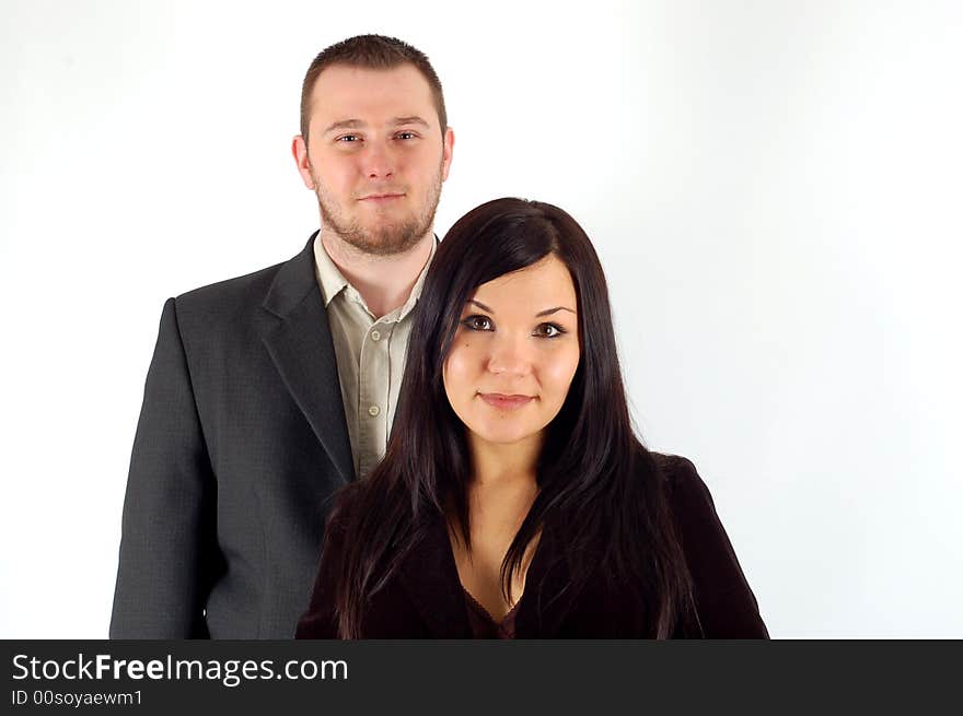 Happy businesswoman and businessman on white background. Happy businesswoman and businessman on white background