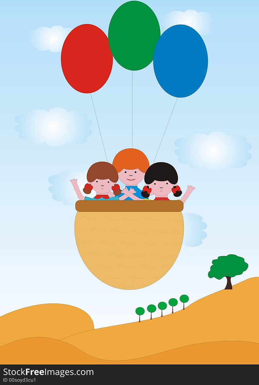 Children flies with balloons and waving