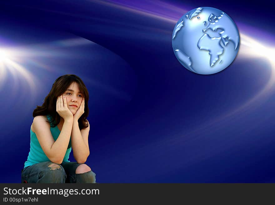 Teen girl on abstract background with earth. Teen girl on abstract background with earth