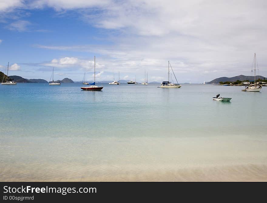 Several sailboats in a bay in the British Virgin Islands.