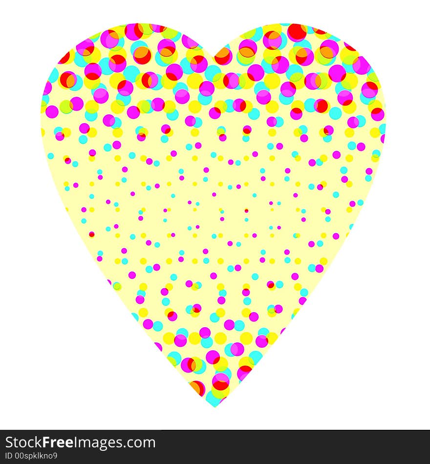 Design of a yellow heart made of multicolor halftone dots of different sizes and isolated on a white background. Design of a yellow heart made of multicolor halftone dots of different sizes and isolated on a white background.