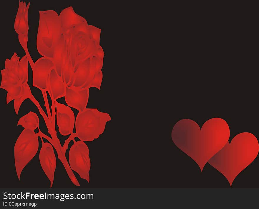 Red rose and hearts on black background