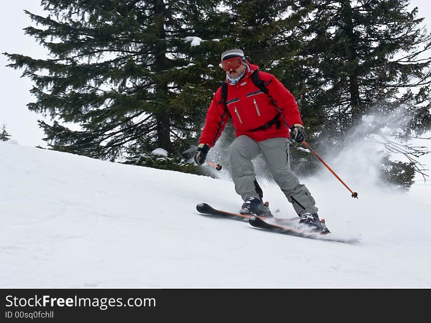 Skier Moving Down Hill At High Speed