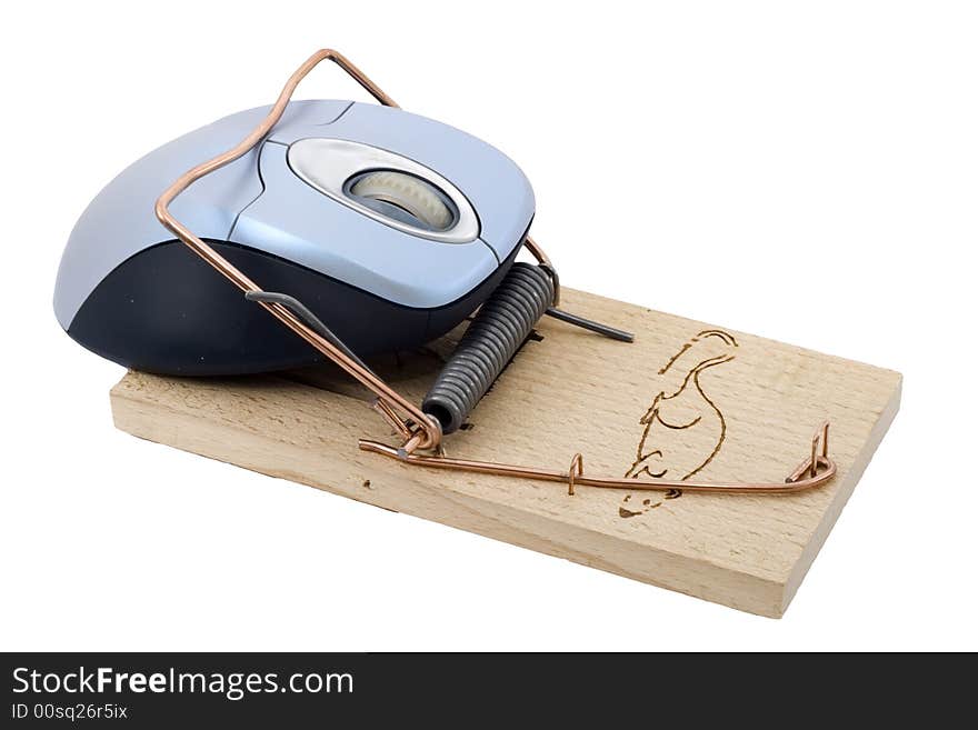 A computer mouse caught in a mousetrap. A computer mouse caught in a mousetrap