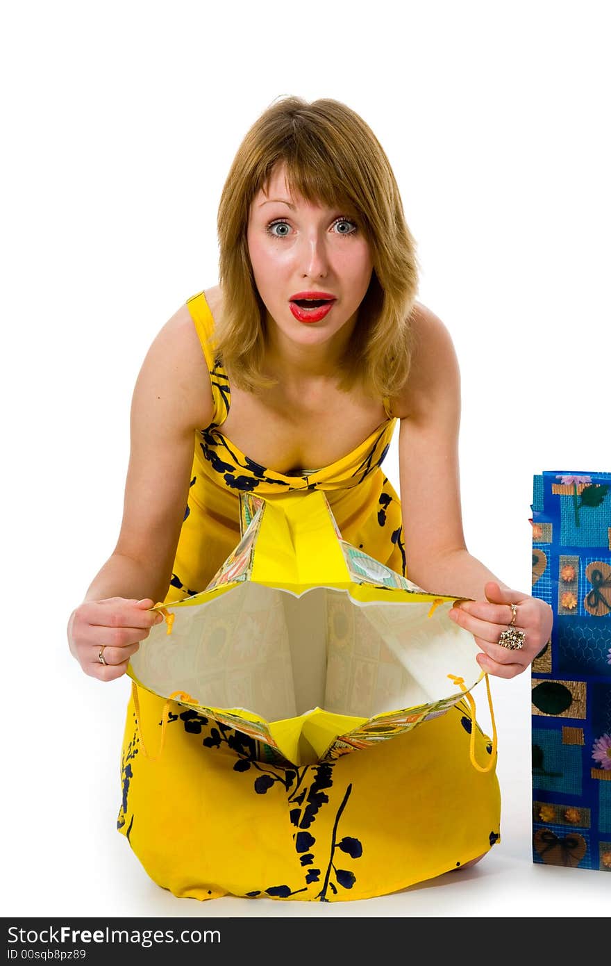 Expressive woman  on white background  shopping. Expressive woman  on white background  shopping