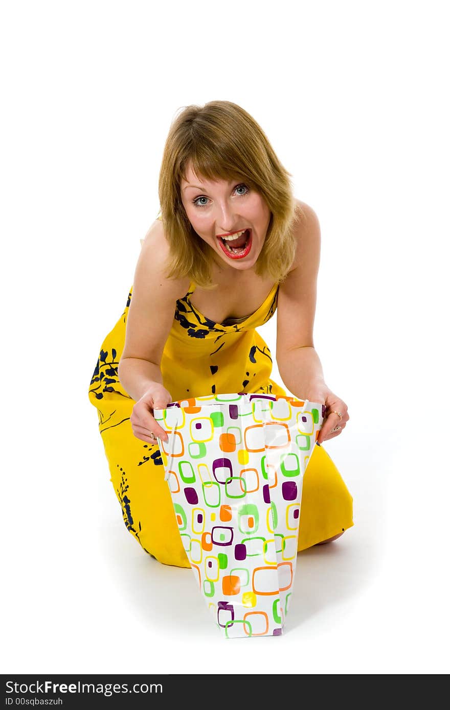 Expressive woman  on white background  shopping. Expressive woman  on white background  shopping