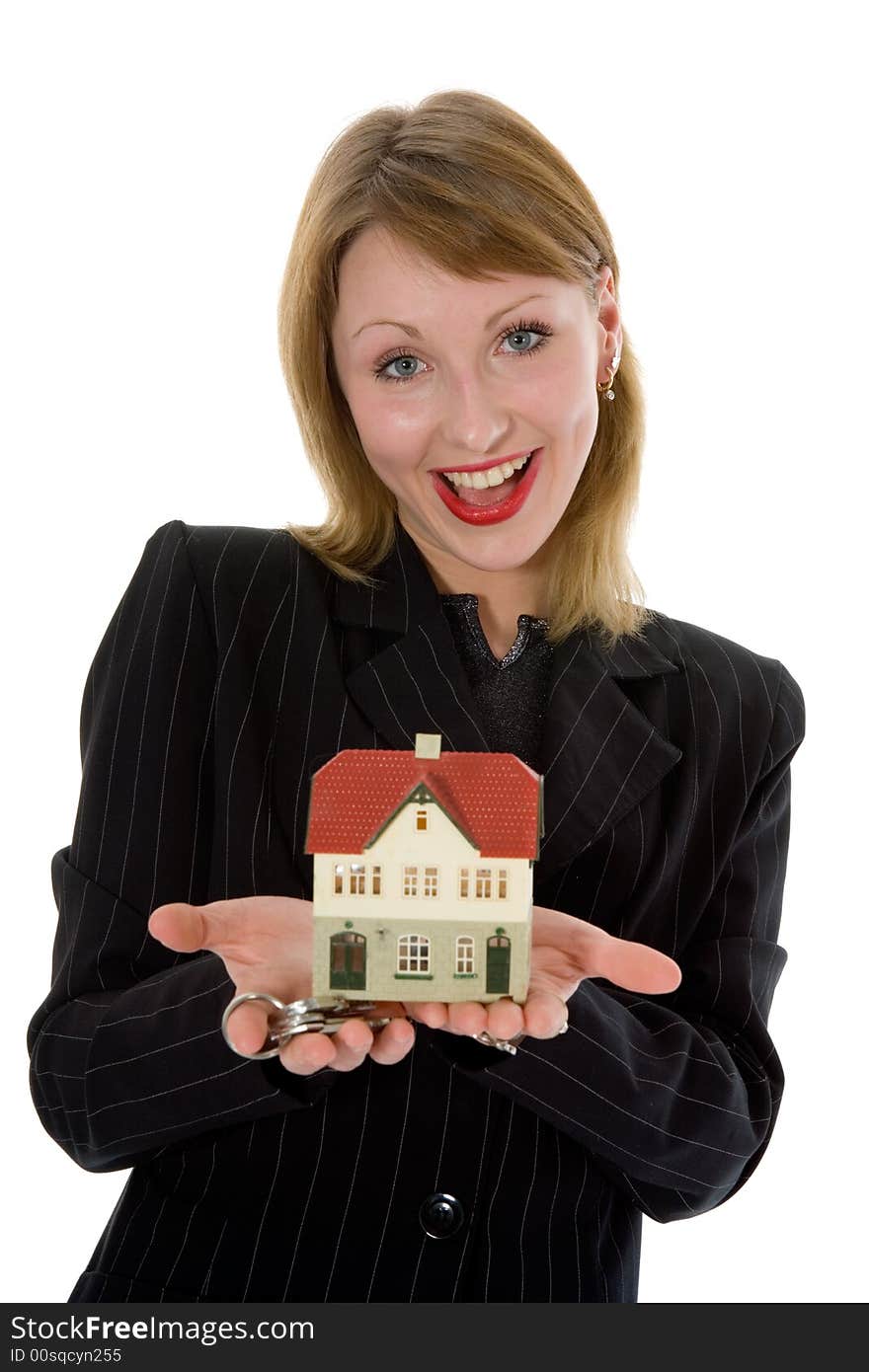 Business woman advertises real estate on white background