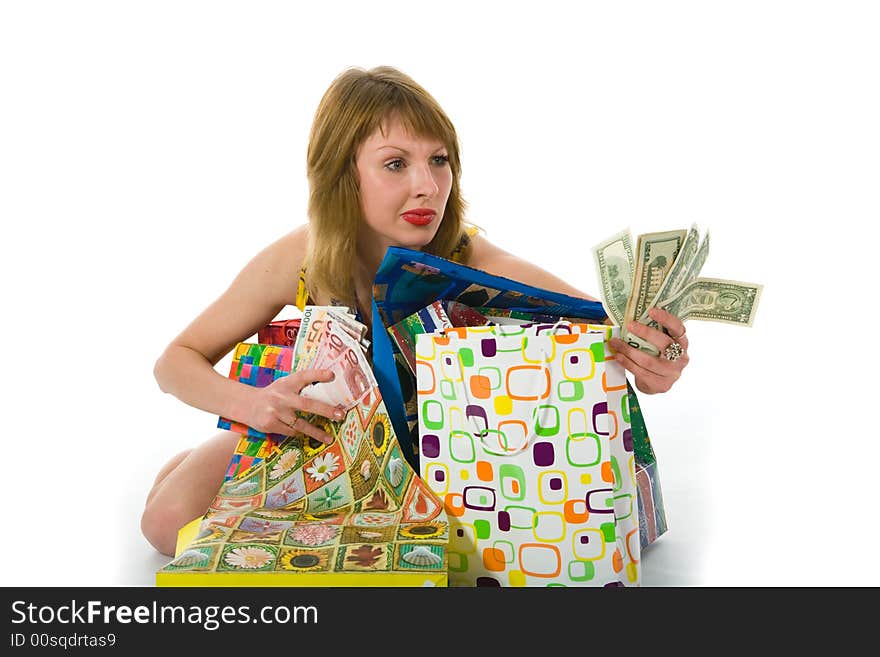 Expressive woman  on white background  shopping. Expressive woman  on white background  shopping