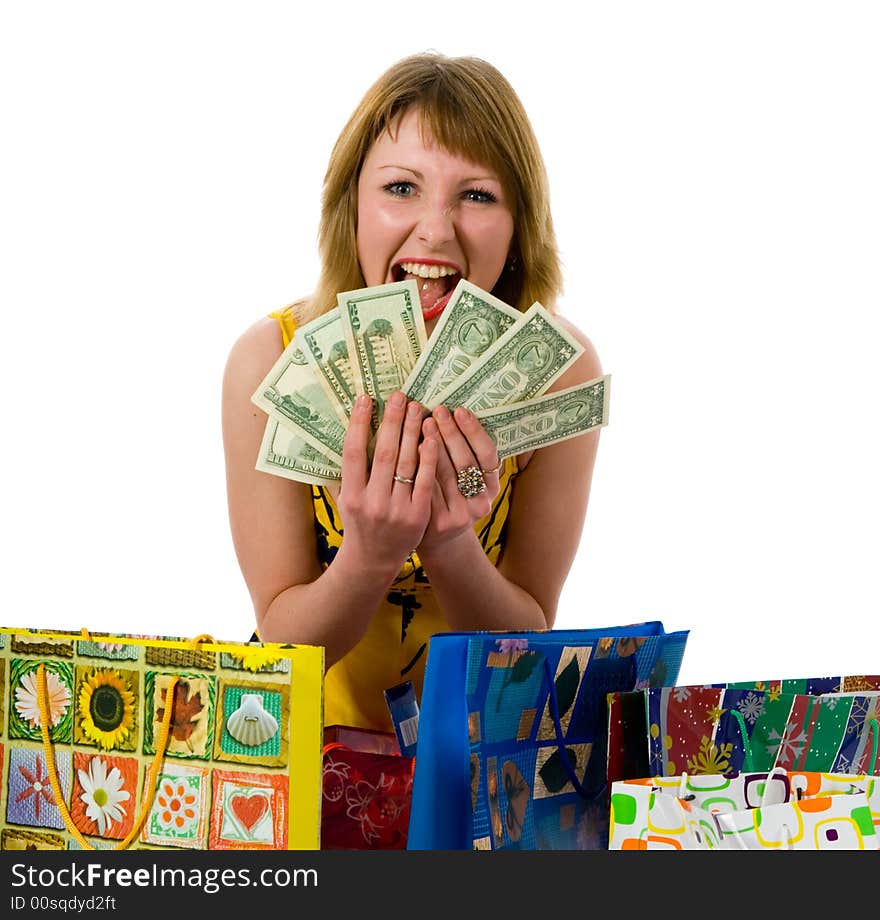 Expressive woman  on white background  shopping. Expressive woman  on white background  shopping