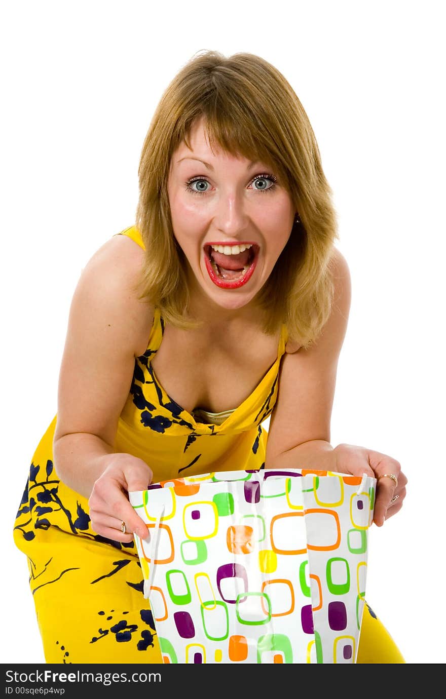 Expressive woman  on white background  shopping. Expressive woman  on white background  shopping