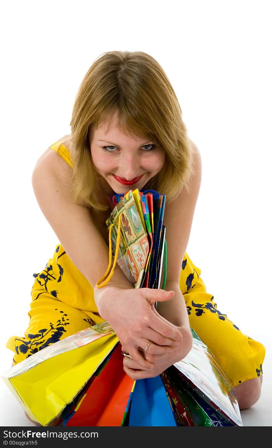 Expressive woman  on white background  shopping. Expressive woman  on white background  shopping