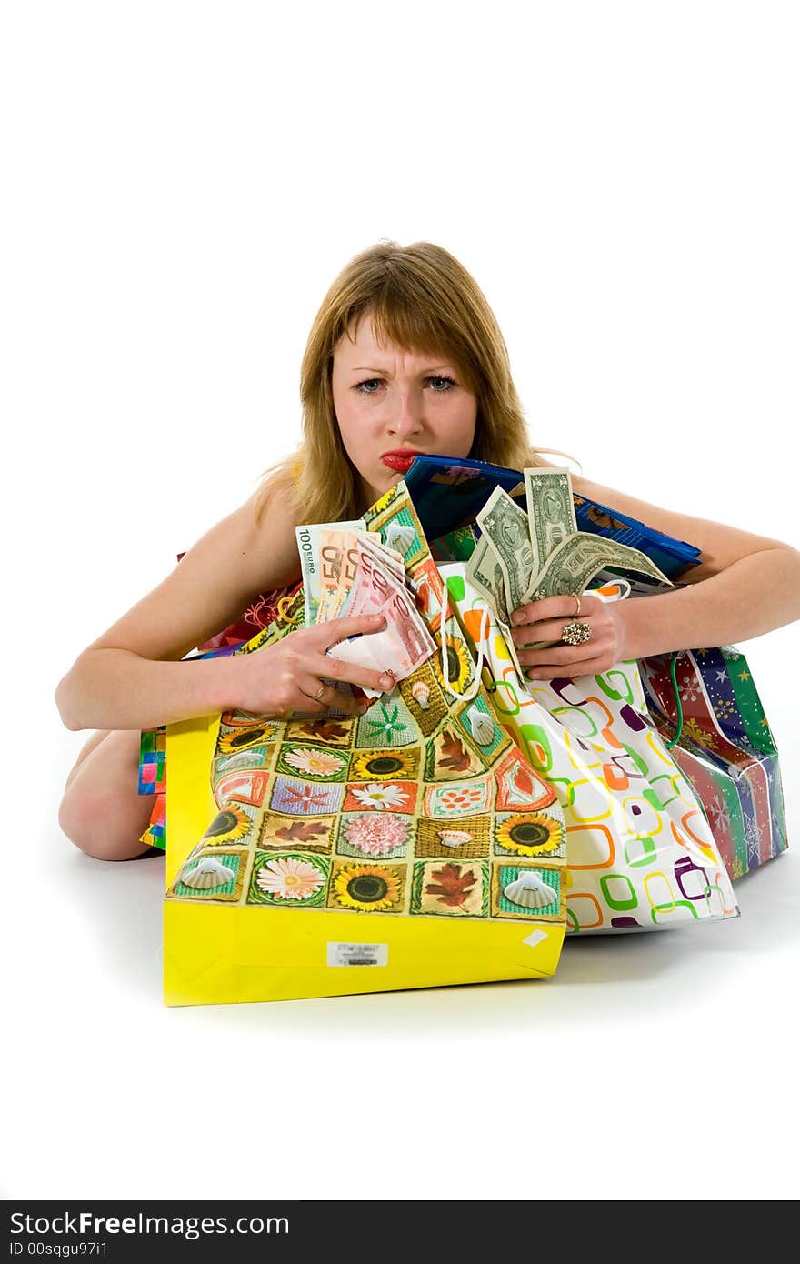 Expressive woman  on white background  shopping. Expressive woman  on white background  shopping