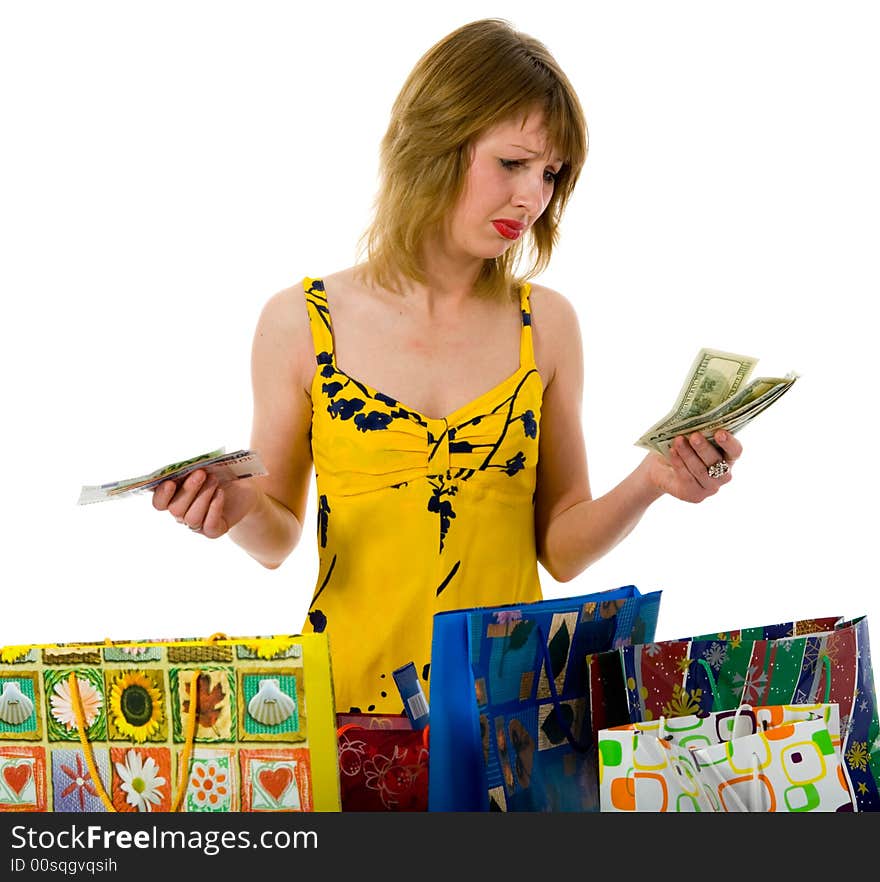 Expressive woman  on white background  shopping. Expressive woman  on white background  shopping