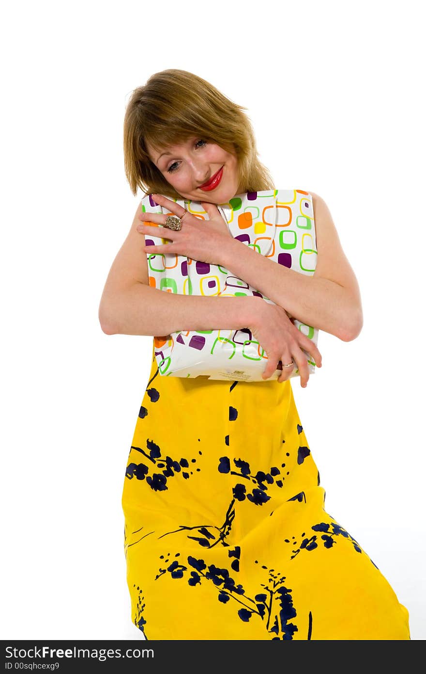 Expressive woman on white background shopping. Expressive woman on white background shopping