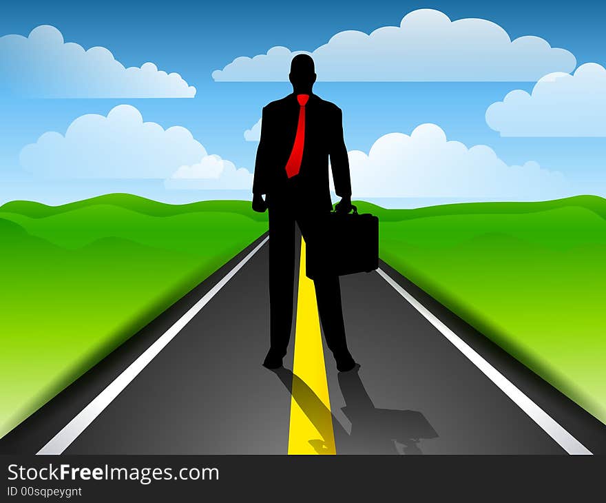 An illustration featuring a businessman standing on a long road at daytime. An illustration featuring a businessman standing on a long road at daytime