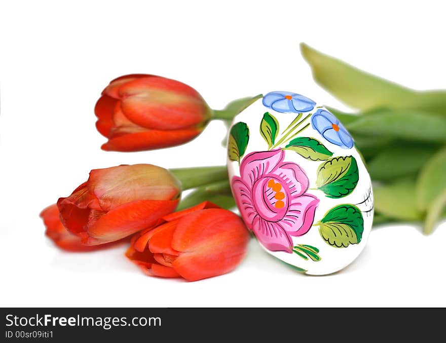 Tulips and decorated easter egg. Tulips and decorated easter egg