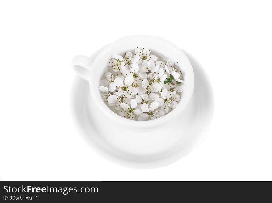 Apple flower on coffee cop on white background. Apple flower on coffee cop on white background