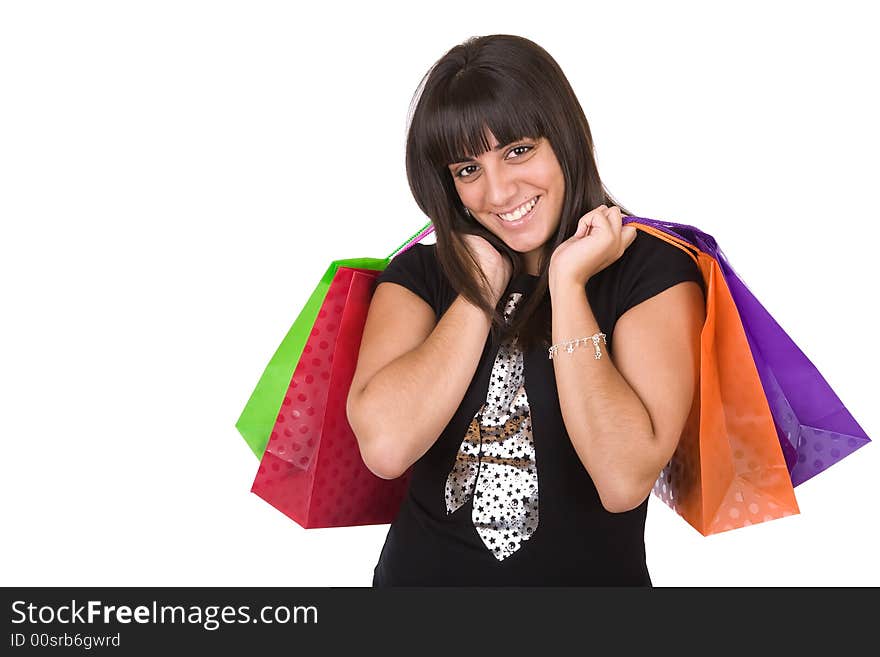 Young woman with a few shopping bags - over a white background