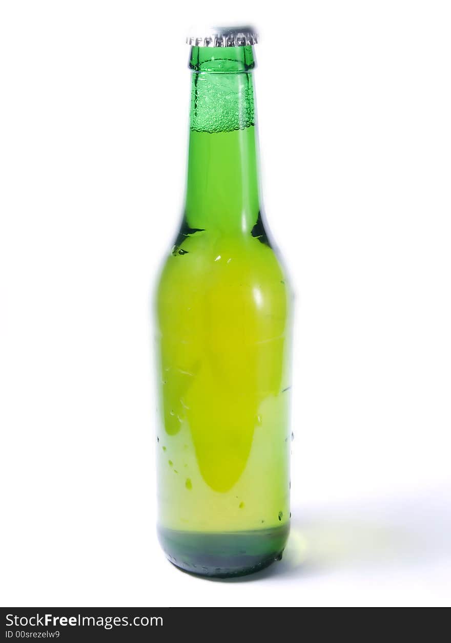 Green beer bottle on a white background