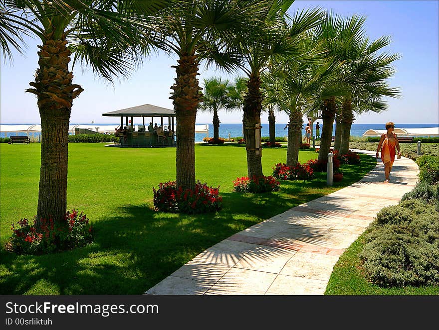 Girl on the beach near the palm trees