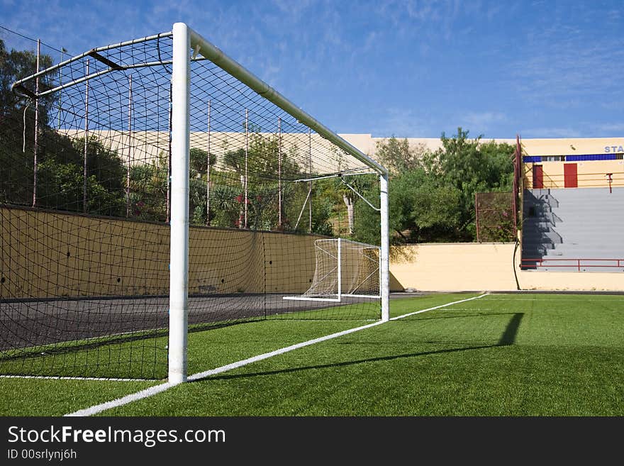 Soccer or football stadium on a sunny day